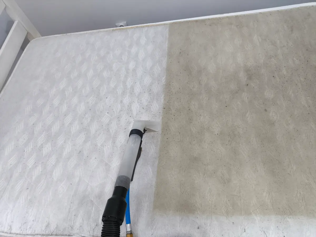 Materac w trakcie prania ekstrakcyjnego — czysta połowa obok zabrudzonej, końcówka ekstraktora na pierwszym planie. Pranie materaca Siedlce, SofaGo